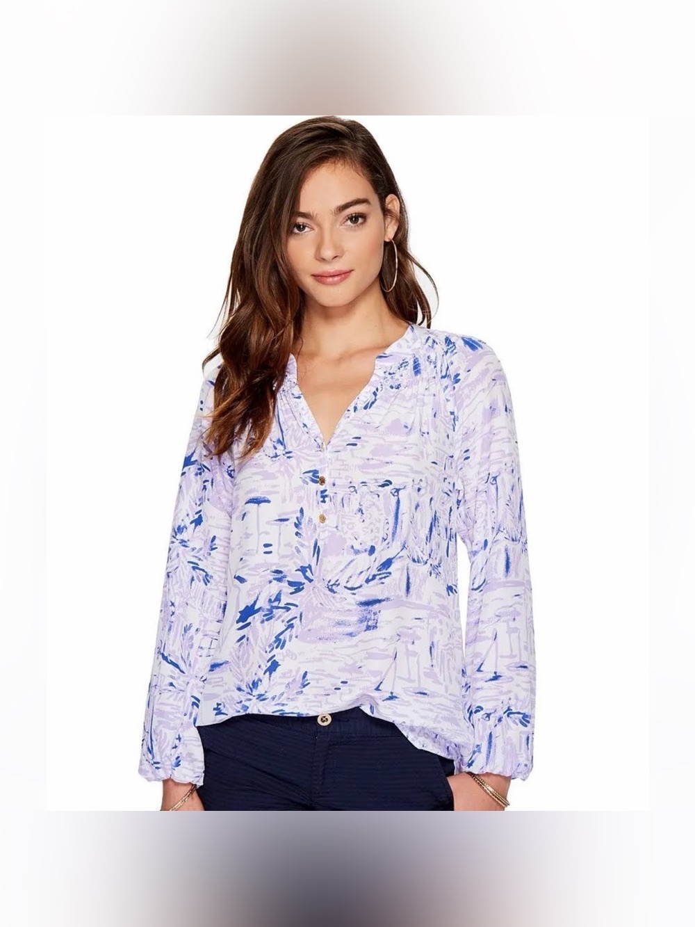 Lilly Pulitzer Elsa 100% Silk Blouse Top XS Purple White Floral Peasant Preppy